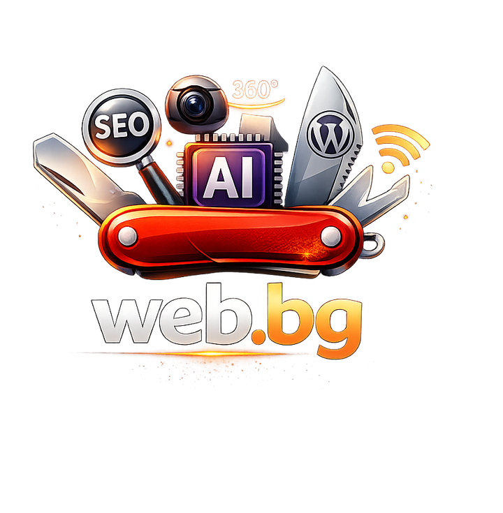 Илюстрация web.bg като швейцарско ножче за уеб услуги, SEO, реклама, AI, WordPress и 360° съдържание